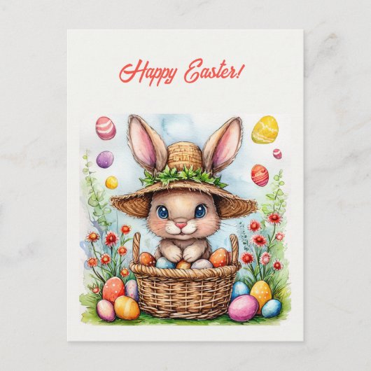 Carte Postale Lapin de Pâques dans un panier d'oeufs peints Joye (Devant)