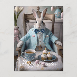 Carte Postale Lapin de Pâques en manteau bleu et cravate arc