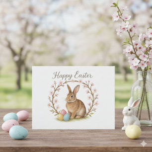 Carte Postale Lapin de Pâques et Couronne de Fleurs de Cerisier