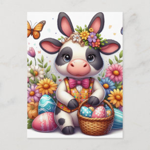 Carte Postale Lapin de Pâques vache adorable avec des œufs