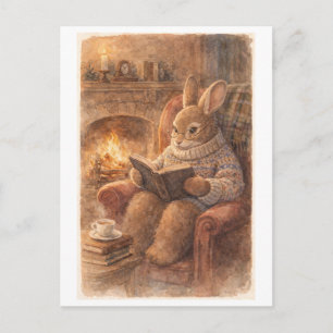 Carte Postale Lapin de style vintage lisant au coin du feu