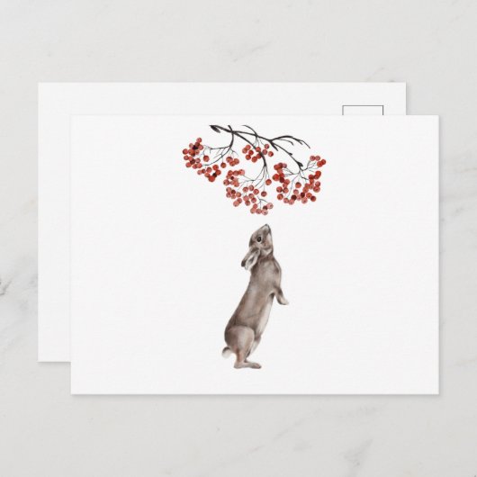 Carte Postale Lapin d'hiver Manger Berry en Aquarelle (Devant / Derrière)