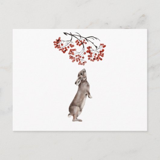 Carte Postale Lapin d'hiver Manger Berry en Aquarelle (Devant)
