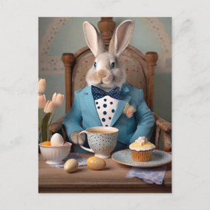 Carte Postale Lapin en manteau bleu et cravate arc