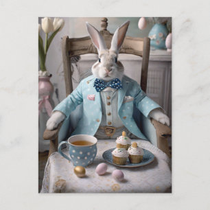 Carte Postale Lapin en manteau bleu et cravate arc