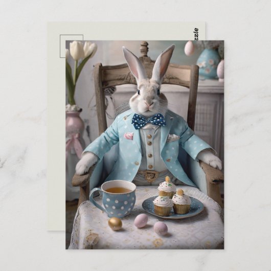 Carte Postale Lapin en manteau bleu et cravate arc (Devant / Derrière)