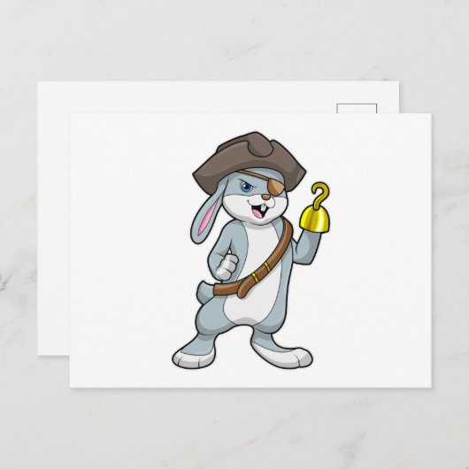 Carte Postale Lapin en pirate avec main crochet et chapeau de pi (Devant / Derrière)