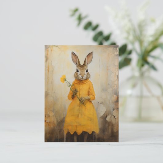 Carte Postale Lapin en robe jaune avec fleur jaune (Debout devant)
