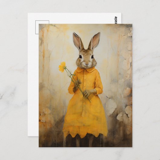Carte Postale Lapin en robe jaune avec fleur jaune (Devant / Derrière)