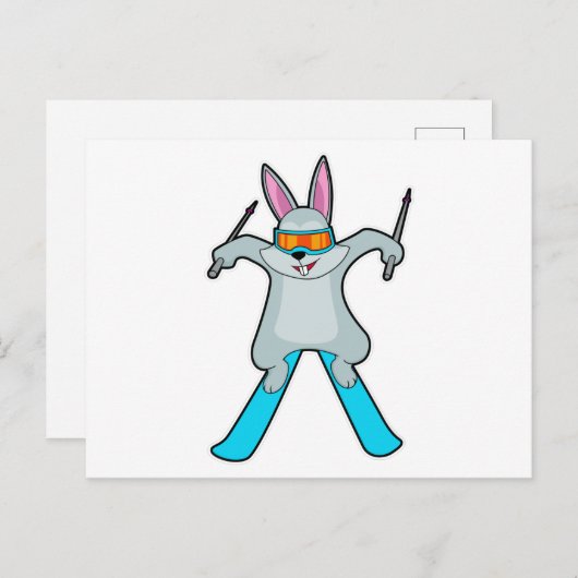 Carte Postale Lapin en skieur avec ski (Devant / Derrière)