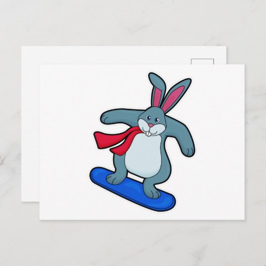Carte Postale Lapin en Snowboard avec Snowboard & Scarf (Devant / Derrière)
