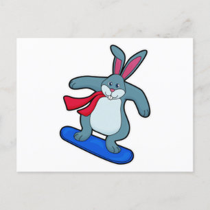 Carte Postale Lapin en snowboardeur avec snowboard et écharpe