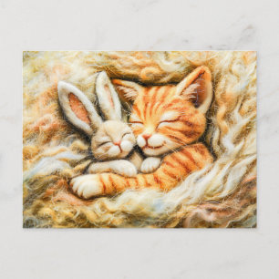 Carte Postale Lapin et chat dormant dans la laine faite en feutr