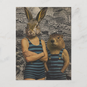 Carte Postale Lapin et marmotte en maillots de bain vintage