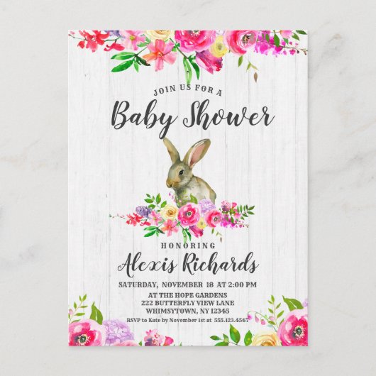 Carte Postale Lapin Lapin Floral Baby Girl Douche Invitation (Devant)