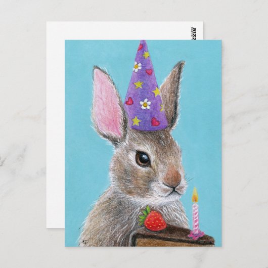 Carte Postale Lapin mignon avec gâteau au chocolat pour annivers (Devant / Derrière)