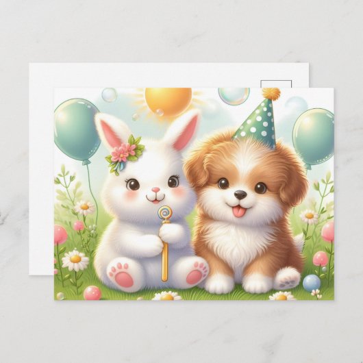 Carte Postale Lapin mignon & chiot mignon (Devant / Derrière)