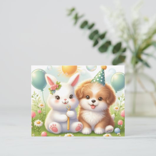 Carte Postale Lapin mignon & chiot mignon (Debout devant)