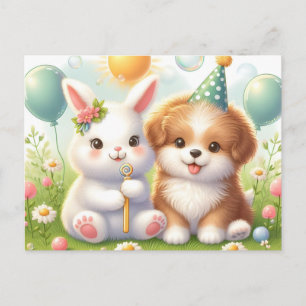 Carte Postale Lapin mignon et chiot mignet