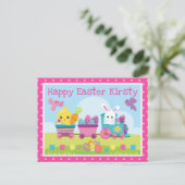 Carte Postale Lapin mignon, poussin et train d'oeufs en chocolat (Debout devant)