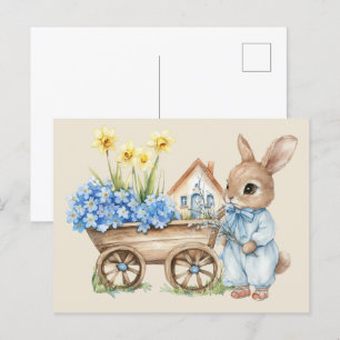 Carte Postale Lapin personnalisé avec fleurs bleues