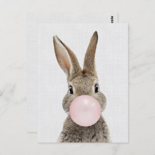 Carte Postale Lapin soufflant bulle gomme lin gris
