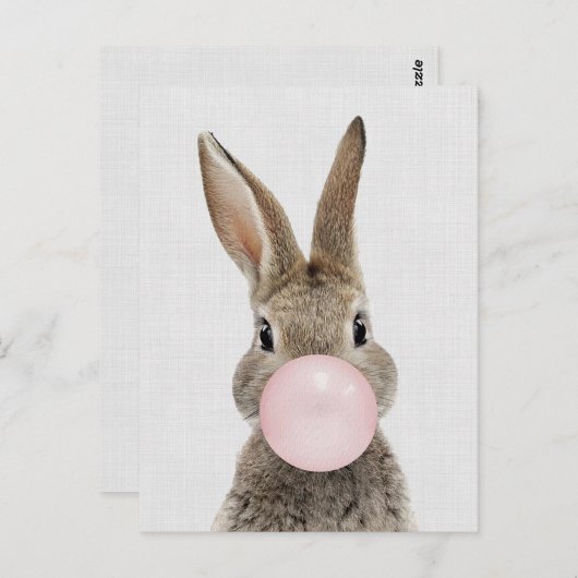 Carte Postale Lapin soufflant bulle gomme lin gris (Devant / Derrière)