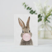 Carte Postale Lapin soufflant du bubble gum gris lin (Debout devant)