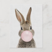 Carte Postale Lapin soufflant du bubble gum gris lin (Devant)