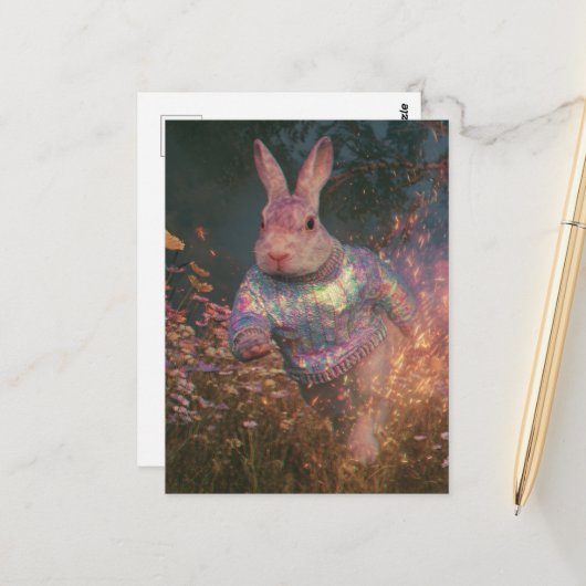 Carte Postale Lapin surréaliste dans un pull-over (Devant/Arrière en situation)