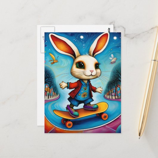 Carte Postale Lapin Unique en Skateboard (Devant/Arrière en situation)