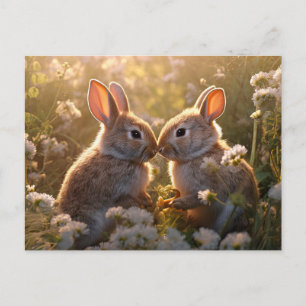 Carte Postale Lapins Adorables dans le Pré de Printemps Design