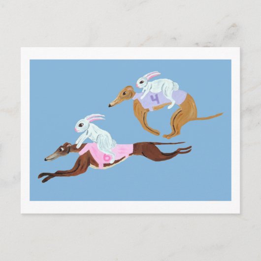 Carte Postale Lapins chevauchant des Greyhounds (Devant)