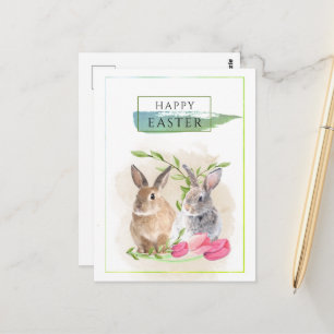 Carte Postale Lapins de Pâques mignons Art aquarelle Joyeuses