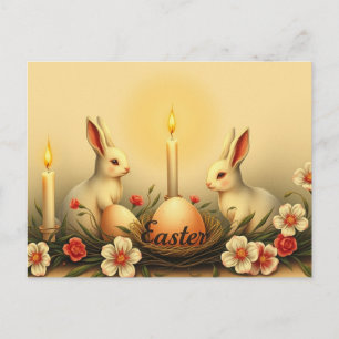 Carte Postale Lapins de Pâques vintage avec bougies, fleurs