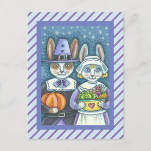 CARTE POSTALE LAPINS PÈLERINS, COUPLES DE LÉPORIDÉS DE THANKSGIV