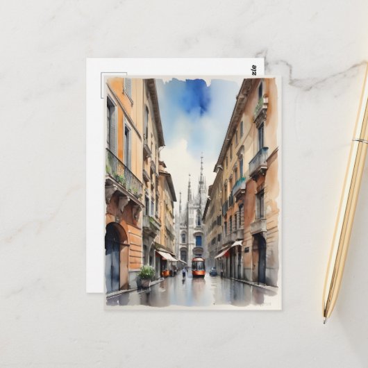 Carte Postale L'art de l'aquarelle à Milan (Devant/Arrière en situation)