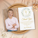 Carte Postale Laurel Garland First Communion Photo Merci<br><div class="desc">Une guirlande de laurier décorative,  des anneaux d'or et un crucifix se trouvent au-dessus de votre première communion sainte spéciale,  merci message et en plus de votre propre photo sur ce design élégant. Conçu par Thisisnotme©</div>