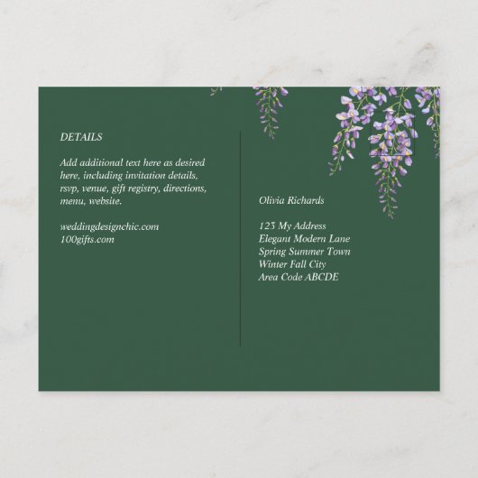 Carte Postale Lavande WISTERIA Emerald Green All-in-1 Mariage (Dos)