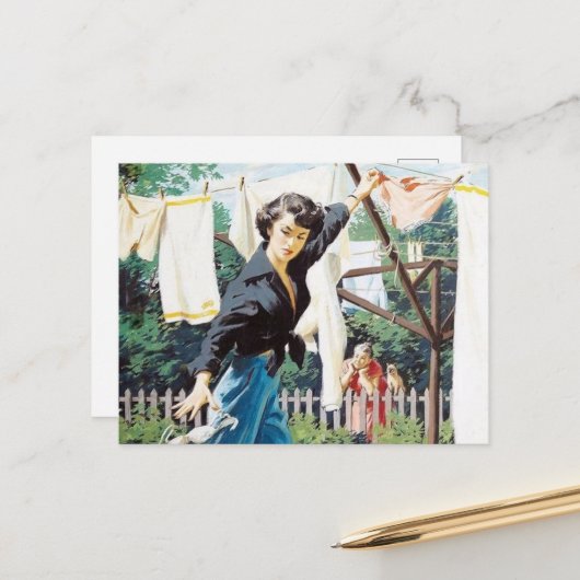 Carte Postale laverie vintage rétro (Devant/Arrière en situation)