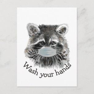 Carte Postale Lavez-Vous Les Mains Covid Pandemic Cute Raccoon C