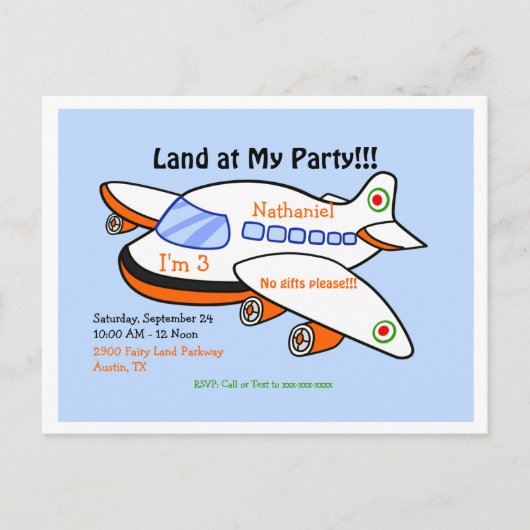 Carte Postale L'avion atterrit à mon invitation de fête bleue an (Devant)
