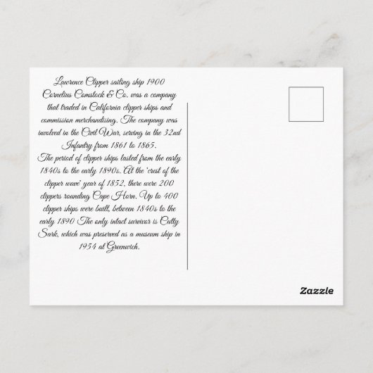 Carte Postale Lawrence Clipper voilier navire 1900 (Dos)