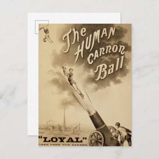 Carte Postale Le Boulet de Canon Humain, Ancienne Affiche de Cir (Devant / Derrière)