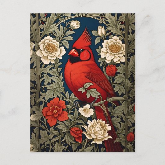 Carte Postale Le Cardinal du Nord Floral William Morris Inspiré (Devant)