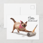 Carte Postale Le chat joue avec bloom avec retraite heureuse (Devant / Derrière)