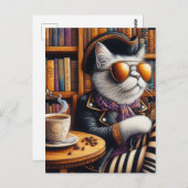 Carte Postale Le chat pirate avec café dans une librairie (Devant / Derrière)