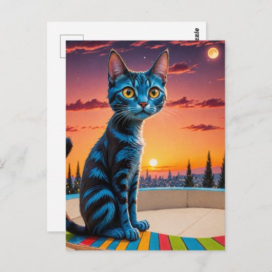 Carte Postale Le chat sur un skateboard (Devant / Derrière)