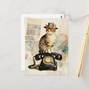 Carte Postale Le chaton sur le téléphone vintage