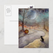 Carte Postale Le chemin oublié Halloween Chat noir et Citrouille (Devant / Derrière)